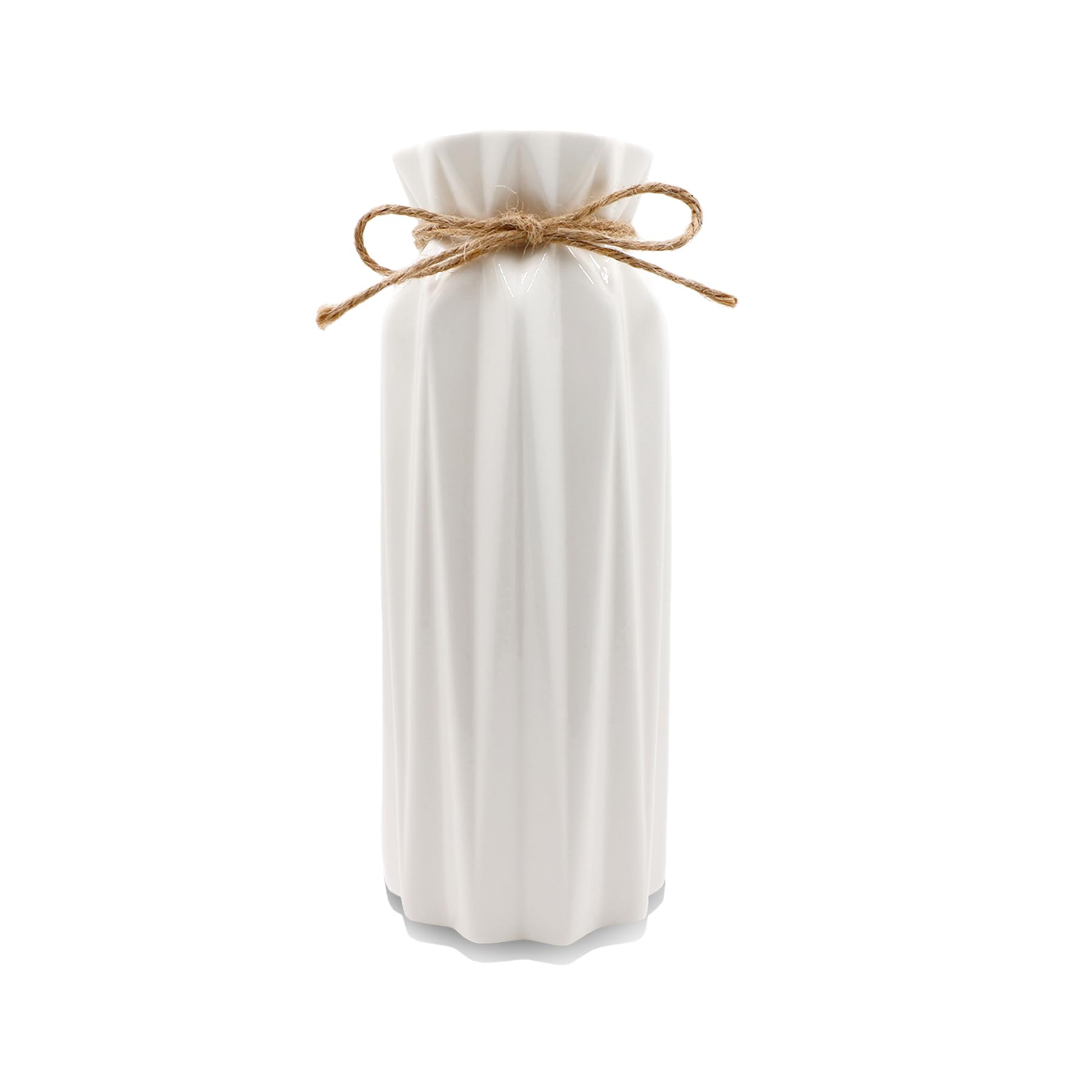 Ceramic Ribbed Vase with Fine Twine, Vase for Pampas Grass as Boho Deco, Modern White Glazed Flower Vase 8.46Inch / 21.5CM, Decorative Vase for Living Room Dinner Table Office Bedroom