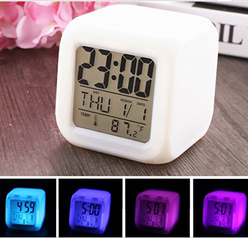 Zinnor Digital Alarm Thermometer Night Glowing Cube 7 Colors Clock Change LCD LED Changing Digital Alarm with Snooze,Music and Large Display-White