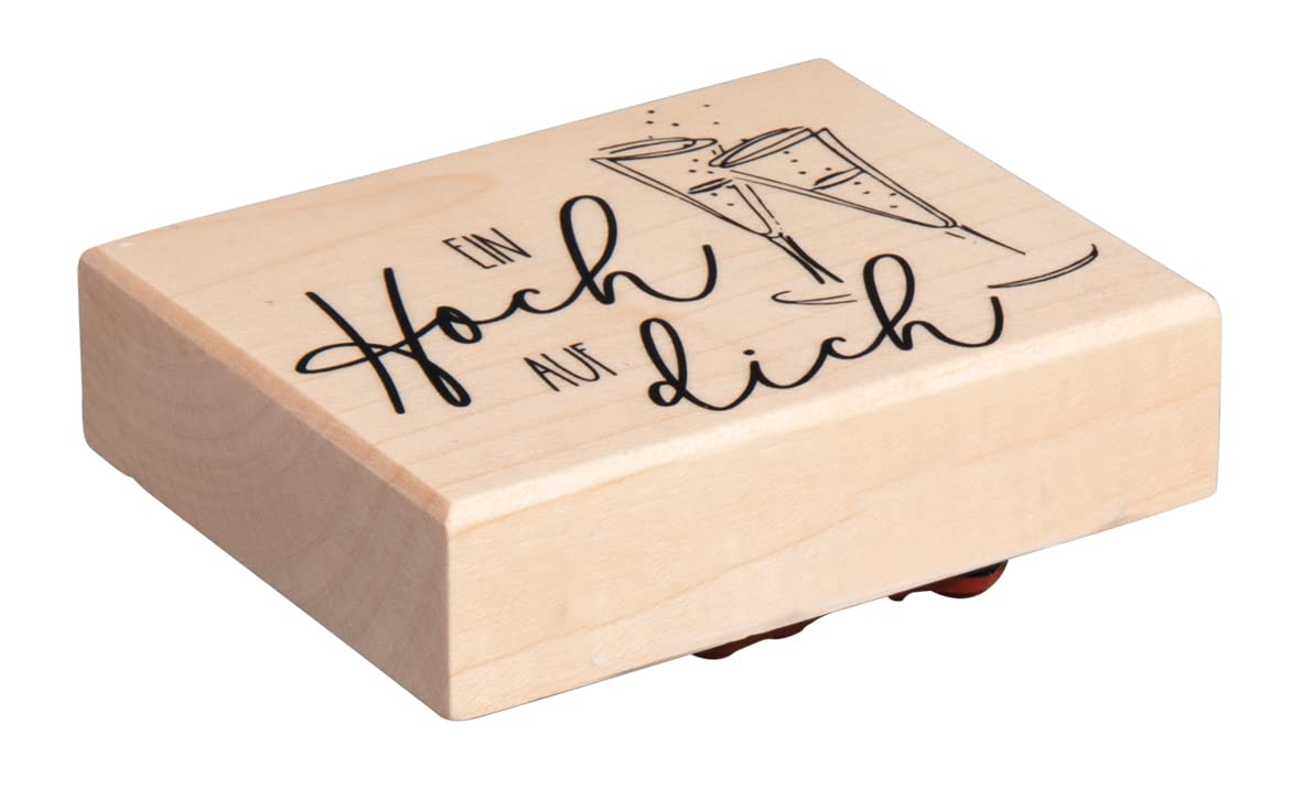 Rayher Wood Mounted Rubber Stamp for Card Making and Scrapbooking with Champagne Glasses Design, Butterer Stamp with Phrase, 6x8cm, 29233000