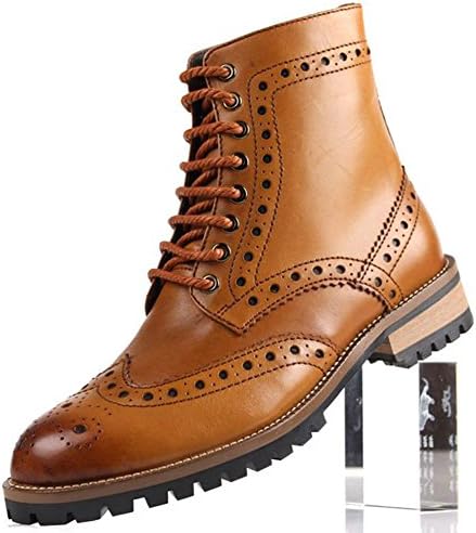 Santimon-Men's Matte Genuine Nubuck Leather Carved Martin Boots Lace-up Shoes-Yellow-39