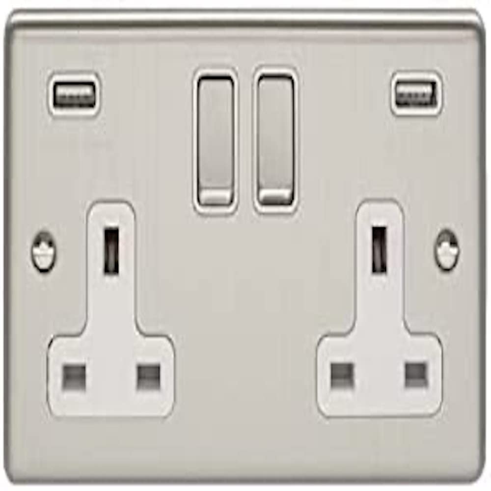 Eurolite Enhance Decorative 2 Gang USB Socket Satin Stainless Finish with White Trim, Satin Stainless - White Trim (EN2USBSSW)