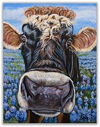 Colorful Cow Art Print, 11x14 inch Mat to Fit 16x20 Frame, Pictures Texas Bluebonnet Kitchen Farmhouse Decor Painting