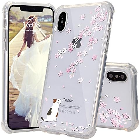 iPhone X Case, JEXICASE Cat and Cherry Blossoms Girl Pattern Clear Shock Absorption Technology Bumper Hybrid Protective Cover Case for iPhone X 5.8" 2017