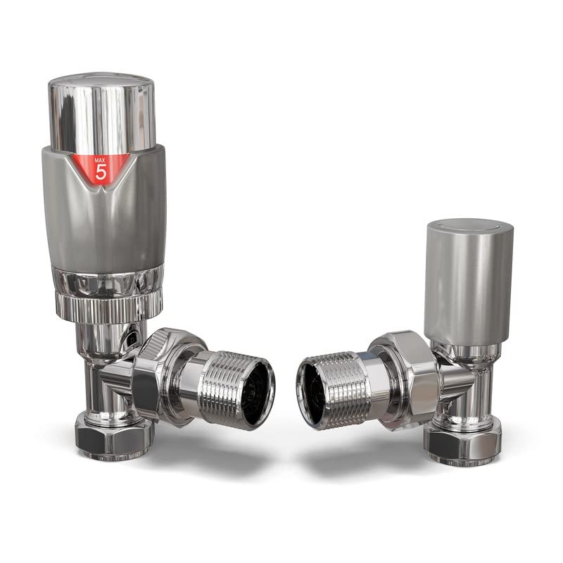 UK Radiators Silver Thermostatic Radiator Valve and Angled Lockshield Valve - Gloss Silver Finish - Classy and Modern Design 1/2" x 15mm Angled Radiator Valve — image 1