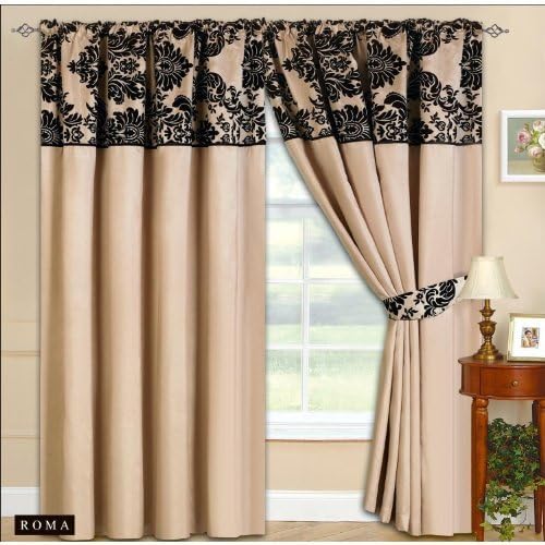 90x90 Half Flock Pencil Pleat Luxurious Pair Of Curtains With Matching Tie Backs Cream Black 90x90 by HALA TEXTILE