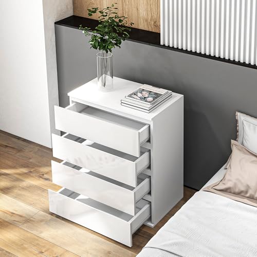 HOMCOM Dresser for Bedroom with 4 Drawers, High Gloss Chest of Drawers with Metal Runners and Groove Handles for Living Room, Hallway, White