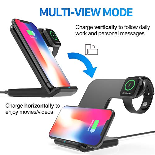 MQOUNY Wireless Charger,2 in1 in 1 Wireless Charger Stand,Charging Station Compatible with iWatch Series 5/4/3/2/1,Fast Wireless Charger Compatible with iPhone 8/X/XR,Samsung S10 All Qi Phones(Black) - Thumbnail 2