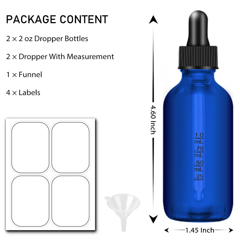 Bumobum Dropper Bottle 2 oz, 2 pack Blue Glass Eye Dropper Bottles with Labels and Funnel, Leakproof Tincture Bottles with Measured Dropper