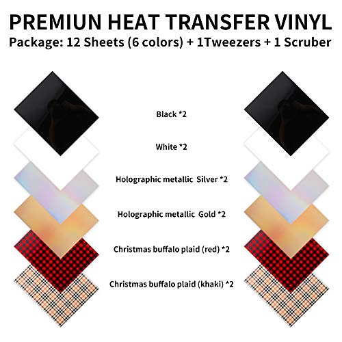 Heat Transfer Vinyl for T-Shirt Christmas Buffalo Plaid Iron On Vinyl Sheet PU HTV Bundle with Tweezers Assorted Colors Works with Cricut and Other Cutters -12’’X10’’-12PCS