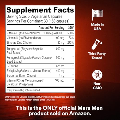 MARS MEN Testosterone Booster for Men - Natural Supplement Premium Tongkat Ali, Fenugreek, Shilajit & Boron - Male Support - Libido, Energy & Muscle Growth Support - 30 Servings + Travel Tin