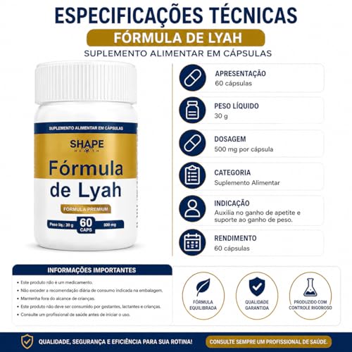 Fórmula de Lyah Original Suplemento 60 Cápsulas Lyan Composto de Lyara Nautral - Lia Auxilia no Aumento Do Apetite