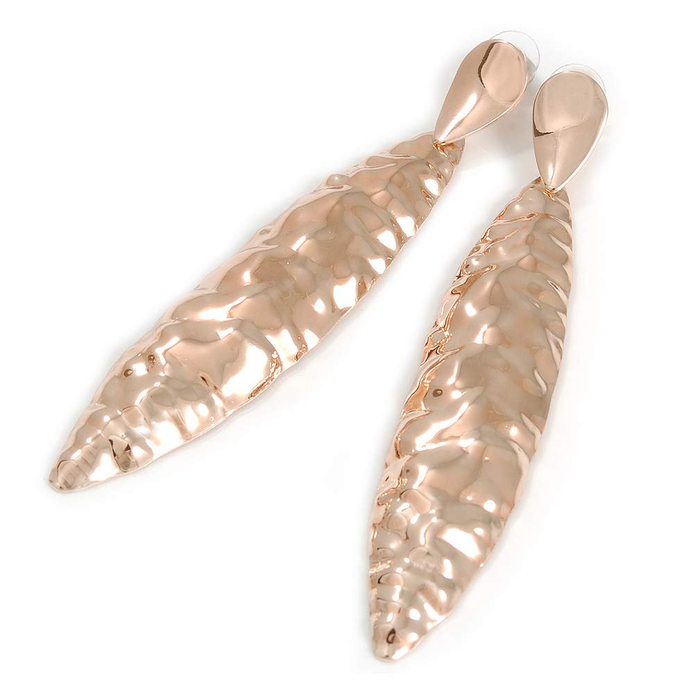Large Contemporary Hammered Leaf Earrings/Rose Gold Tone Metal/ 11.5cm L