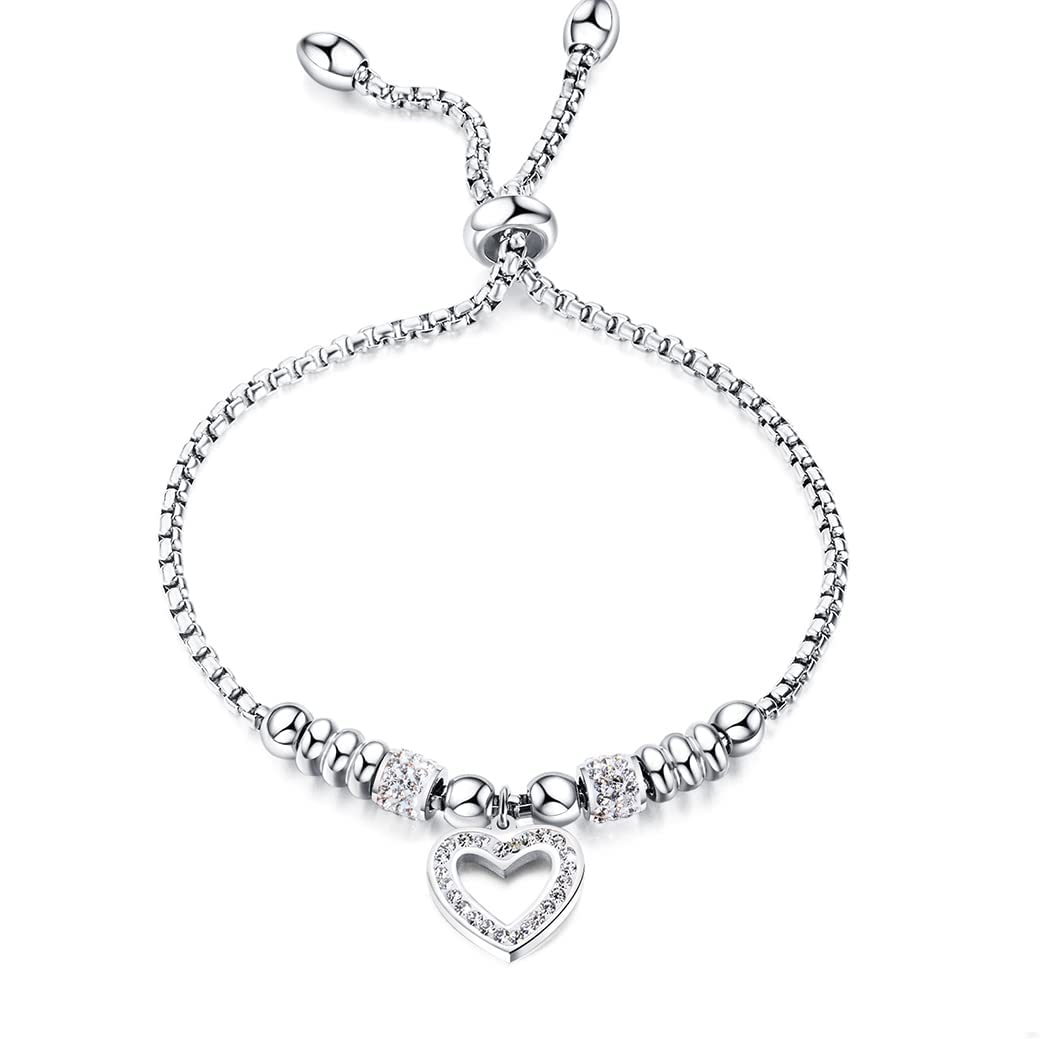chengxun Love Heart Bead Anklet Bracelet for Women Girls Anxiety Freely Unzip Tools Adjustable Size Best Friend Jewellery Gift 925 Silver Plated (Silver)
