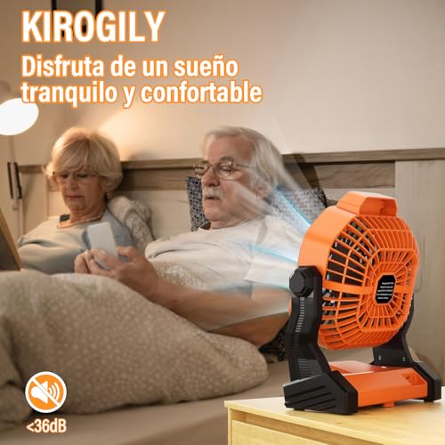 KIROGILY Ventilador Portatil, Abanico Portatil 10400 mAh, Ventilador Recargable con Luz LED y Gancho, Ventilador Camping 3 Niveles de Brillo, Ventilador de Escritorio para Camping, Viajes, Hogar