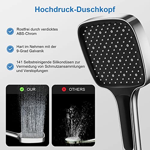 Duschkopf Regendusche Druckerhöhend, VESKYAO Hochdruck Duschbrause mit Ergonomischem Handgriff, Groß Handbrause Wassersparend mit 3 Strahlarten, Verchromter Brausekopf