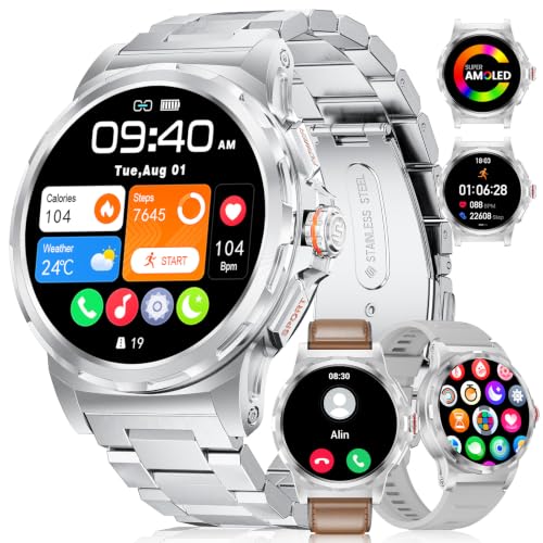Men's Smart Watch with Bluetooth Call,1.43''Amoled/3 Straps Silver | Men's Smartwatch with IP68 Waterproof, 110 + Sports Modes/Heart Rate Monitor/Sleep Bracelet Activity Android iOS