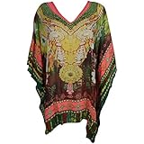Mogul Interior Womens Short Caftan Dress Green Digital Print V-Neck Georgette Cover Up OneSize