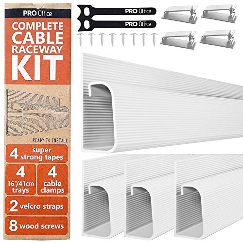 J Channel Cable Raceway Kit - Computer Desk Cable Management System - 4x16'' White Under Table Cable Management Trays for Office and Home