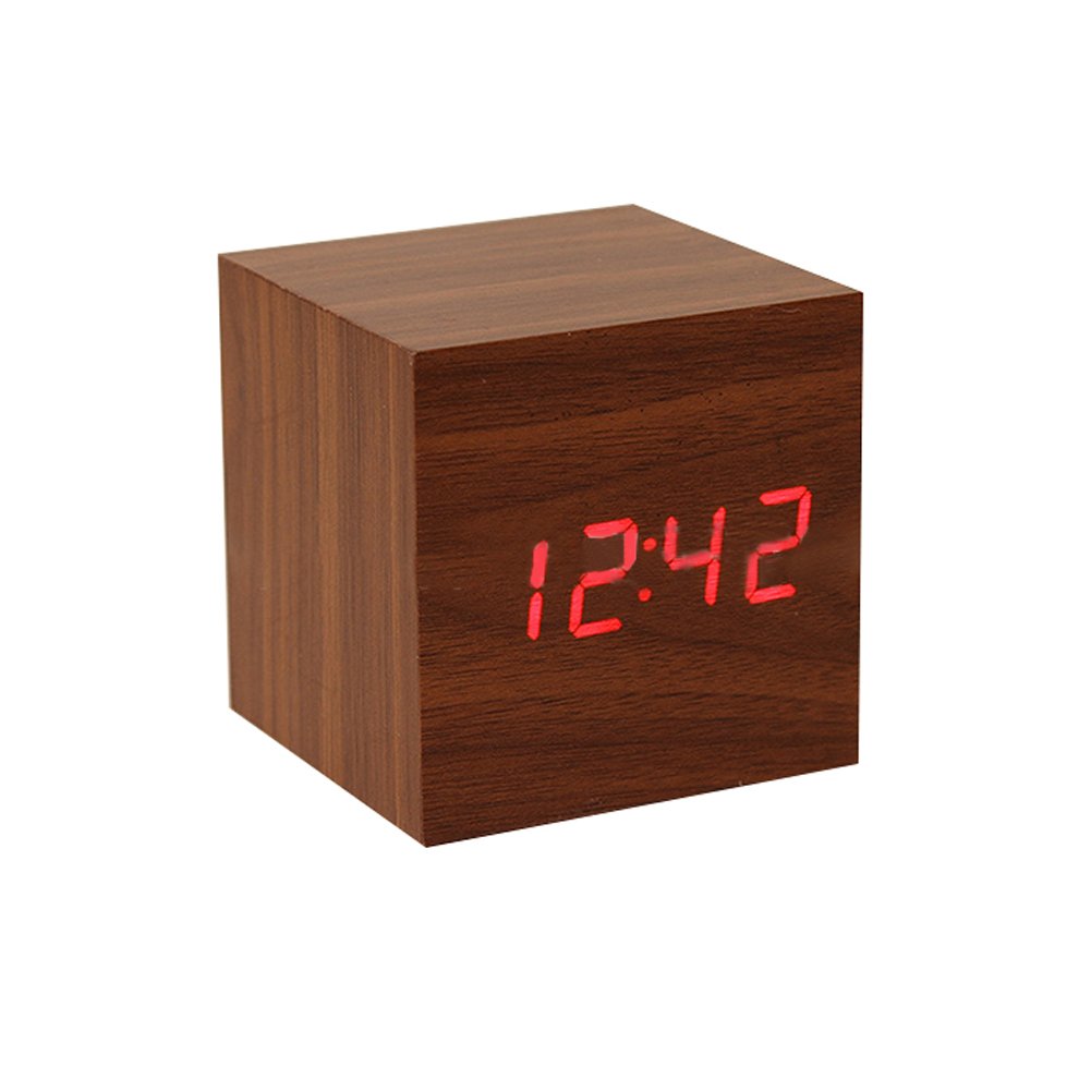 LED Digital Alarm Clock ixaer Wood Digital LED Brown Alarm Clock with Time Date Hygrometer And Temperature Clock - Multi-functional Small Silent Modern Style Electronic Alarm Clock