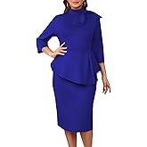 WanMem Plus Size Dress for Curvy Women Semi Formal Cocktail Party Midi Dress Bodycon Long Sleeve Bow Ruffle Pencil Dresses