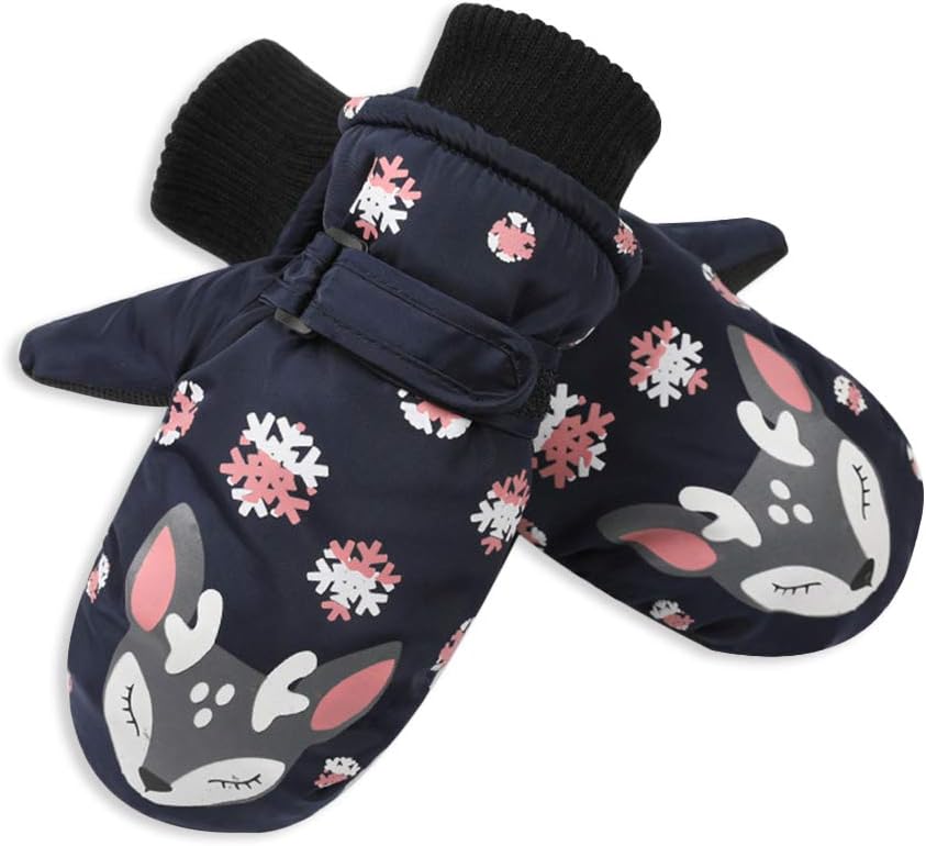 Kids Reindeer Cartoon Snowboarding Skiing Gloves Inside Thick Soft Plush Padded Super Warm Winter Lovely Gloves Anti-slip Waterproof Mittens for Boys Girls Age 3-7 Years Old (Royal Blue)