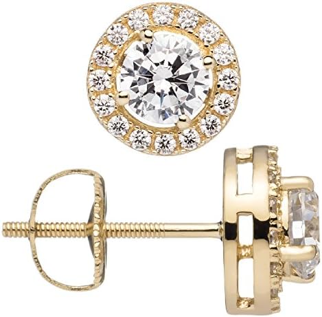 14K Solid Gold Stud Earrings | Round"Halo" Cubic Zirconia | Screw Back Posts | 1.20 CTW | With Gift Box