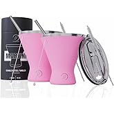 vaanshie Stainless Steel Martini Glass [Pack of 2] – 10oz, Pink, Powder Coated, No Sweat, Double Wall Margarita Cup with Lid | Ideal for Valentines Day Gift
