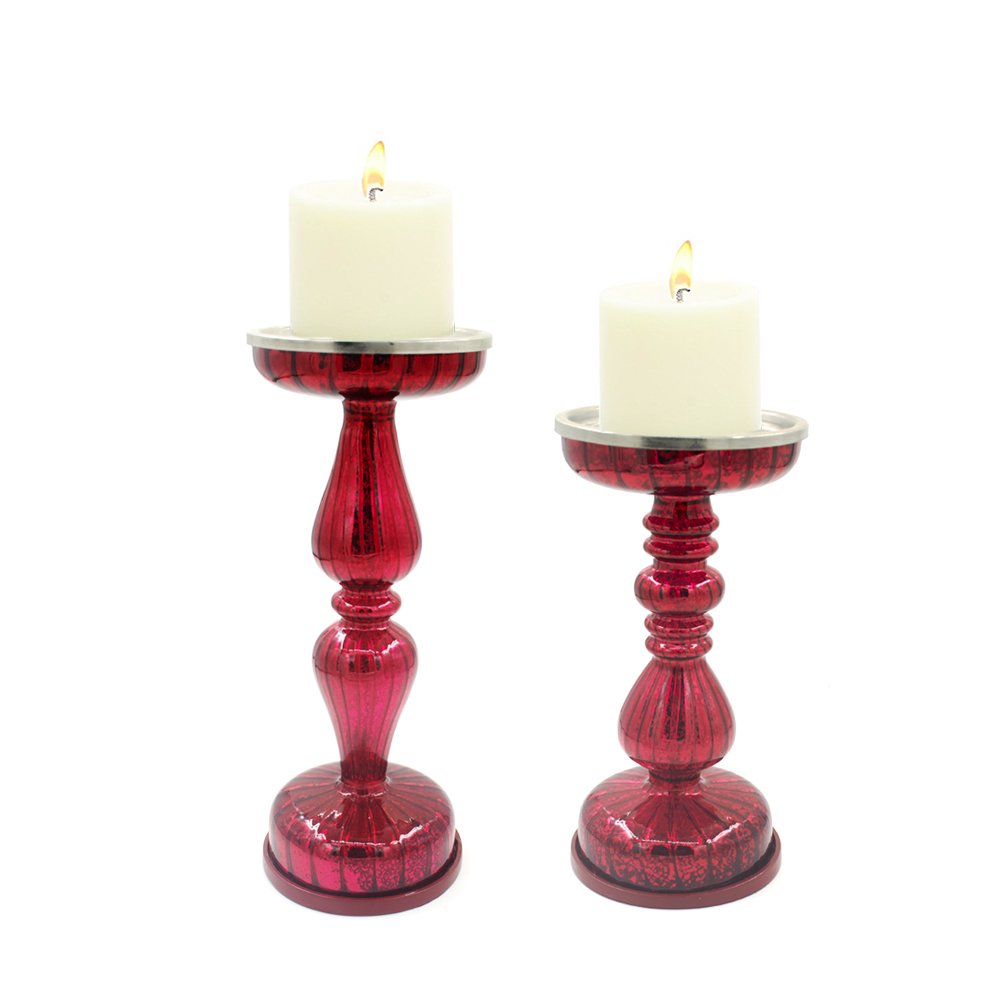 Dolucky Illuminated Mercury Glass Pedestal Pillar Candle Holder Set of 2 Red