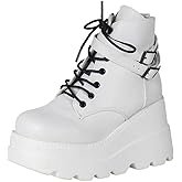 CELNEPHO Chunky Platform Boots for Women, Square Toe Lace up Zip High Heel Combat Wedge Ankle Boots