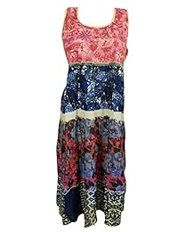 Womens Sundress Blue Printed Flare Sleeveless Boho Beach Resort Evening Dresses