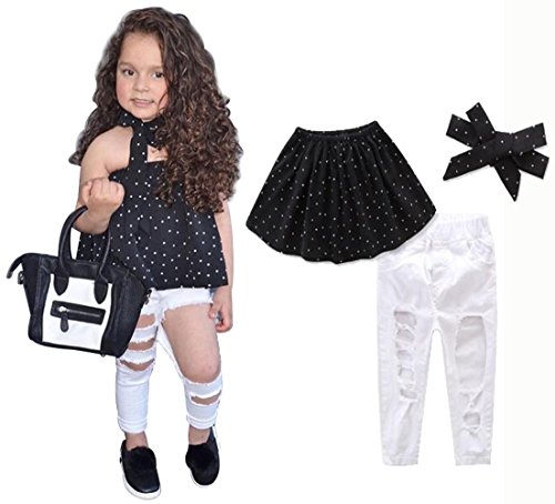 Egelexy baby girls off shoulder polka dot top hole denim pants wi…