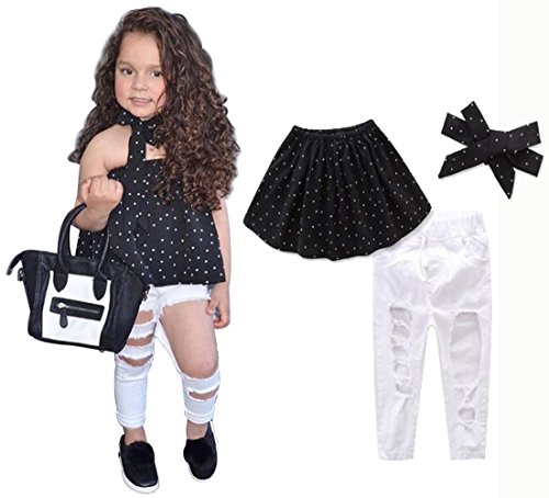 EGELEXY Baby Girls Off Shoulder Polka Dot Top Hole Denim Pants with Headband Set size 6/4-5 Years (Black)