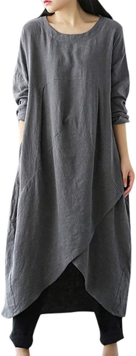 Amazon Co Jp Yuluosha 綿麻 無地 ワンピース ゆったり 長袖 ロングワンピース マキシ丈 大きいサイズ 純色 レディース 服 ファッション小物