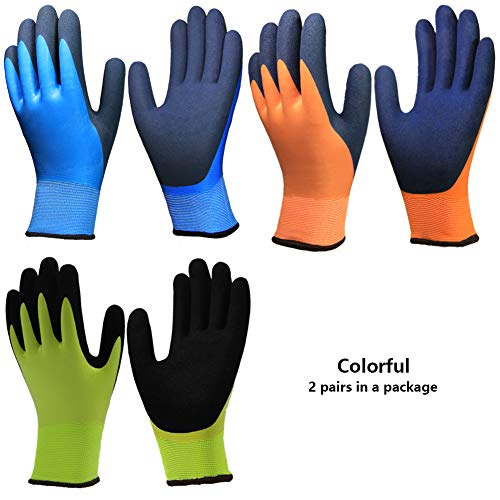Waterproof Thermal Winter Work Gloves 2 Pack, Double Coating Superior Grip Polar Fleece Liner Warm Comfortable for Cold Weather Outdoor Garden Construction Ice Snow Activities - Colorful