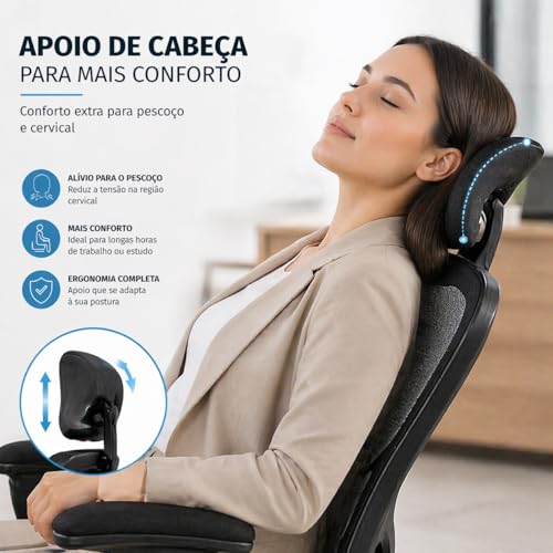 Cadeira Ergonômica para Escritório com Apoio de Cabeça, Cadeira Presidente Giratória Ajustável, Encosto em Tela Mesh Respirável, Conforto para Home Office