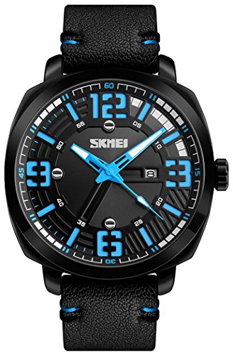 Men's Unique Analog Quartz Casual Wrist Watches IP Black Plating Steel Leather Strap Calendar Waterproof Watch (blue)