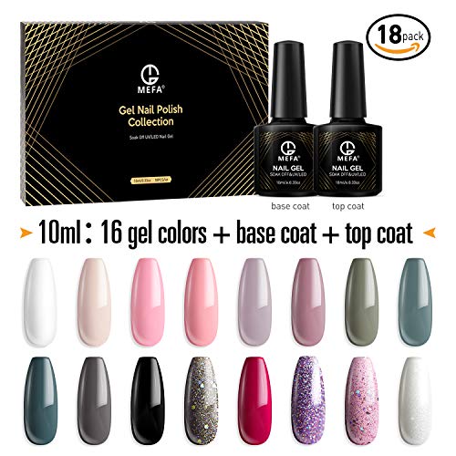 MEFA 18 Pcs Soak Off Gel Nail Polish, 16 Colors Gel + 1 Base Coat + 1 Top Coat(10ml/Bottle), UV Led Gel Polish Manicure Kit For Beginners Nail Art Salon Nail Design Set1