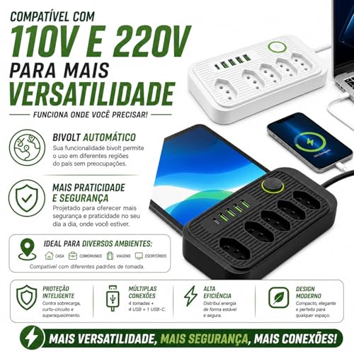 Filtro de Linha 2500W Bivolt com 4 USB + 1 USB-C, 5 Tomadas 3 Pinos, Cabo 2m, Proteção Contra Sobrecarga, Interruptor Liga/Desliga, Régua de Energia para TV, PC, Notebook, Escritório e Setup Gamer