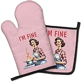 GEYGIE I'm Fine Cute Oven Mitts and Pot Holders Set, Retro Kitchen Gadgets, Mitts for Baking, Grilling, Cooking, Microwave, Birthday Gifts for Women Mom Aunt Sister BBF, Gifts for Women Chefs