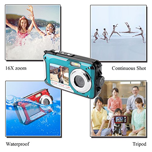 Waterproof Point and Shoot Digital Cameras,24MP 1080P Dual Screen Underwater Sports Action Video Recorder Cameras-Blue
