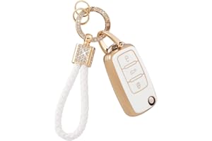PIFOOG Key Fob Cover for Volkswagen VW 3 Button White Gold TPU Soft Car Keys Shell Case Glitter Keychain Protector for VW Beetle Golf Passat GTI Jetta Tiguan Girly Women Cute