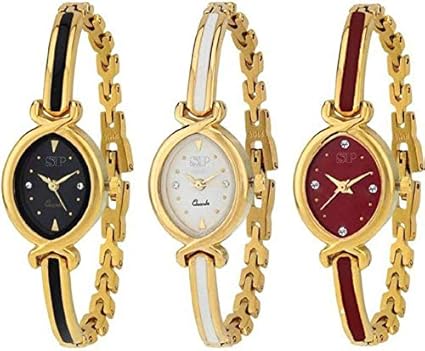 Combo Pack 3 Designer Stylish White-Black Dial Golden Bangle Watch Watch - for Girls-6256