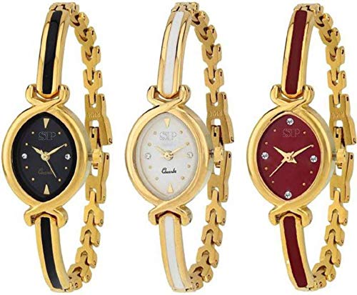 SP Combo Pack 3 Designer Stylish White-Black Dial Golden Bangle Watch Watch - for Girls-6256