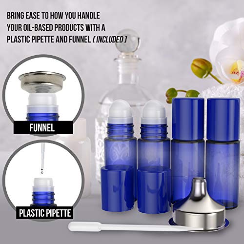 Essential Oil Roller Bottles [Plastic Roller Ball] FREE Plastic Pippette and Funnel - Refillable Glass Color Roll On for Fragrance Essential Oil - 30ml 1 oz (4 PACK, BLUE) - Thumbnail 6