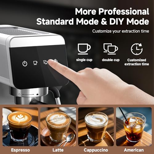 AMZCHEF Coffee Machine 20 Bar, 1350W Espresso Machine, Compact Stainless Steel Coffee Machines with LED Touch Screen, Powerful Steam Wand, Removable Water Tank