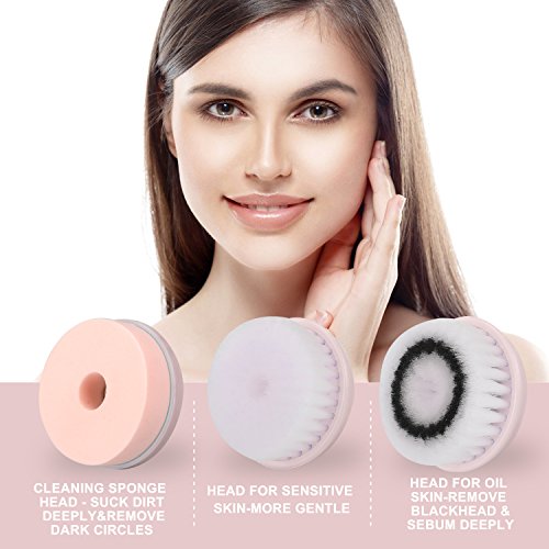 Mimax Facial Brush Electric Rechargeable Waterproof Brushing Kits 2 speeds For Skin Cleansing Exfoliating ,Facial Cleansing Benefits with 3 Brush Heads, Blackhead Remover. - Thumbnail 4