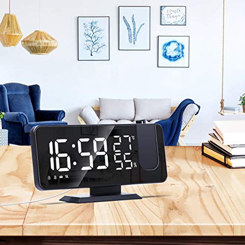Reloj Despertador, Despertador Proyector con Proyección Giratorio de 180°, Radio Despertador Digital con FM Radio, Higrómetro de Temperatura Interior, Alarma Doble, Repetición, Puerto de Carga USB