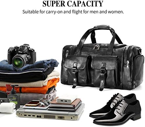 Zeroway Travel Duffel Bag with Shoe Pouch, PU leather Carry on Bag Weekender Overnight Bag for Men Women Black 4 Zeroway Travel Duffel Bag with Shoe Pouch, PU leather Carry on Bag Weekender Overnight Bag for Men Women Black