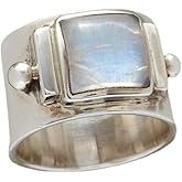 SUKKCCNO Vintage Princess Cut Natural Moonstone Ring 925 Sterling Silver Wide Band Boho Square Gemstone Blue Topaz Halo Solitaire Ring Jewelry Gift for Women 6