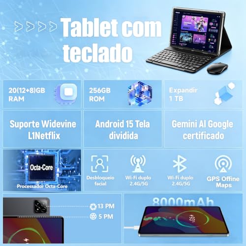 Tablet Xixaomiro S11 10.1" Android 15, 20GB + 256GB, acompanha película, caneta, mouse, teclado e fone de ouvido. Tela 1920x1200, Wi-Fi, câmera 13MP + 5MP, bateria 8000mAh – Cinza